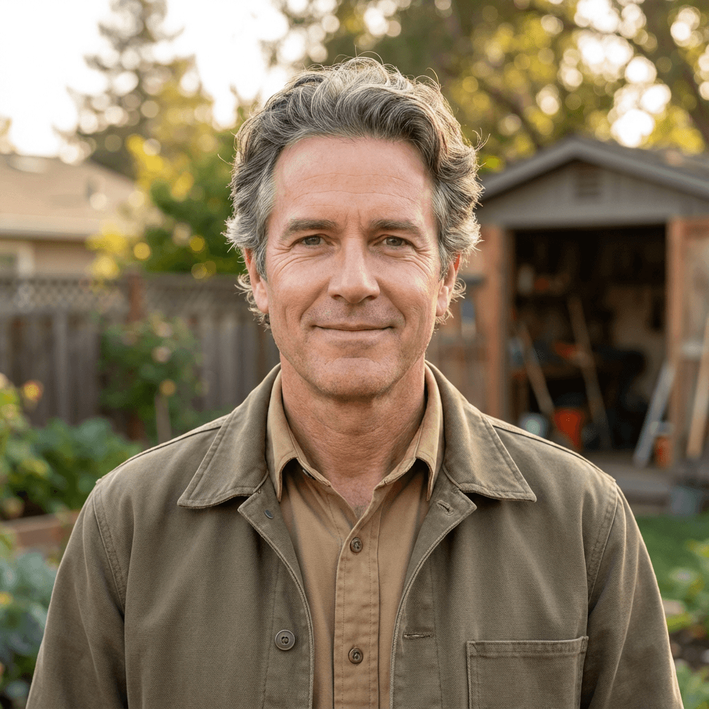 Male homeowner in his early 40s standing outside a suburban home