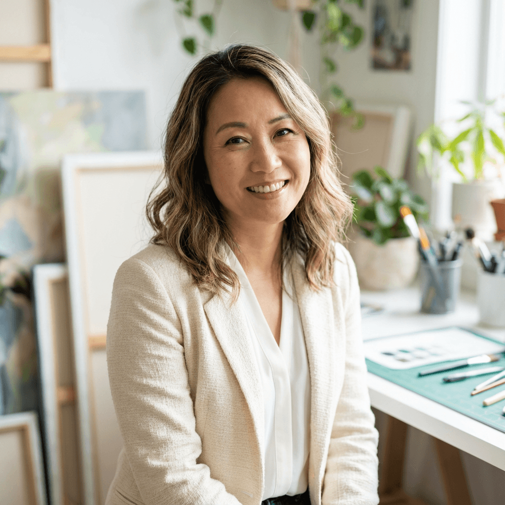 Female cafe owner in her early 40s, White, smiling in a bright cafe