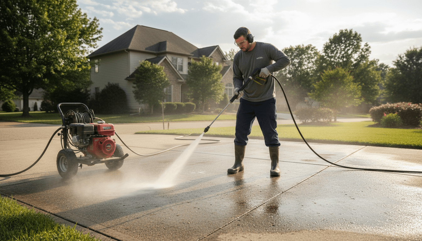 Pressure washing a concrete driveway with a spray of water