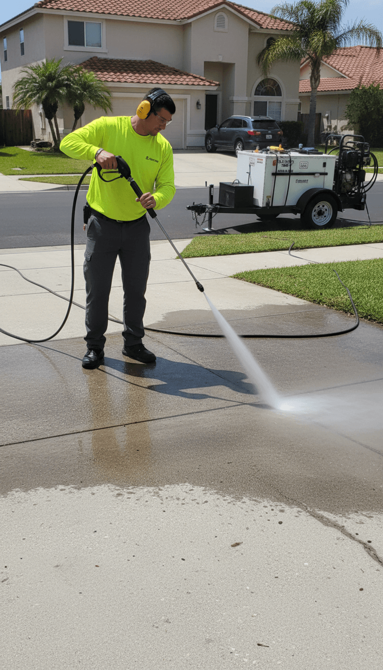 Technician pressure washing a concrete driveway in Toronto