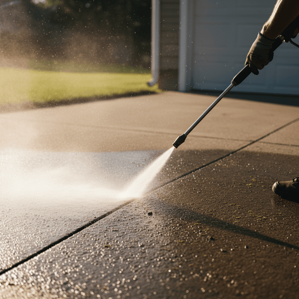 Pressure washing a concrete driveway